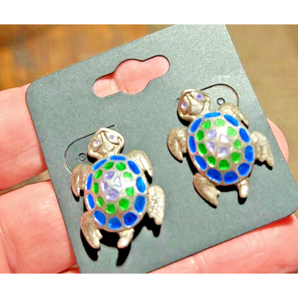 Vintage Sterling Silver 925 Enamel Turtle Stud Earrings - Picture 5 of 16